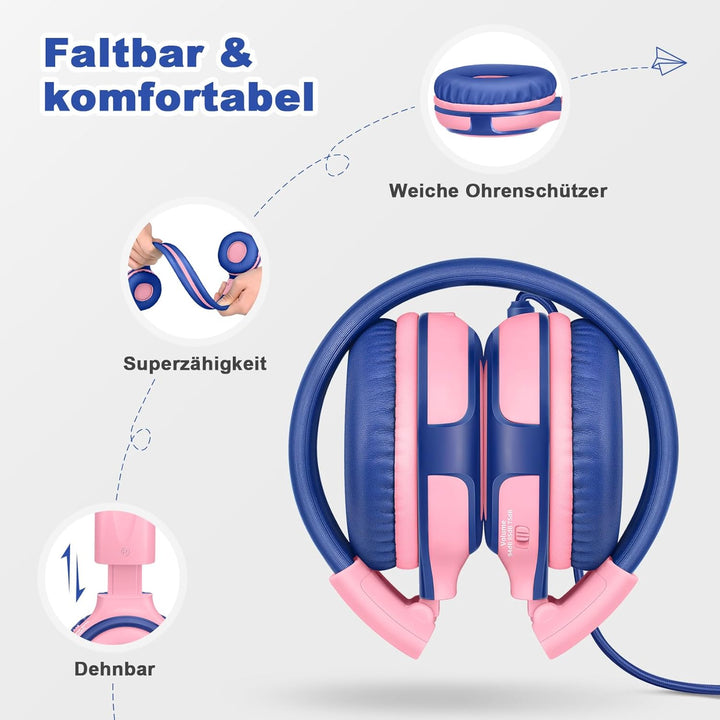 2 Sätze Kopfhörer Kinder mit Tragbar Etui, Kindersicherer Kopfhörer mit Begrenzter Lautstärke, Kabel