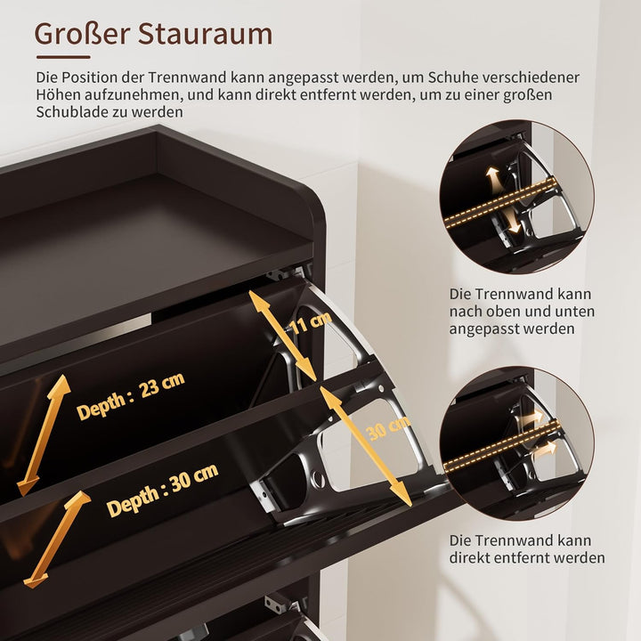 Schuhschrank Schmal, Schuhkipper mit Lamellentür, Schuhregal mit 3 Klappen, Schuhkommode mit 6 Verst