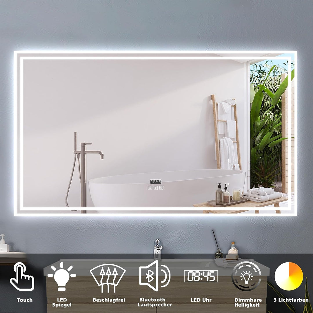 Badspiegel LED 140x80cm LED Spiegel mit Beleuchtung Bluetooth Uhr Beschlagfrei Badezimmerspiegel 3 L