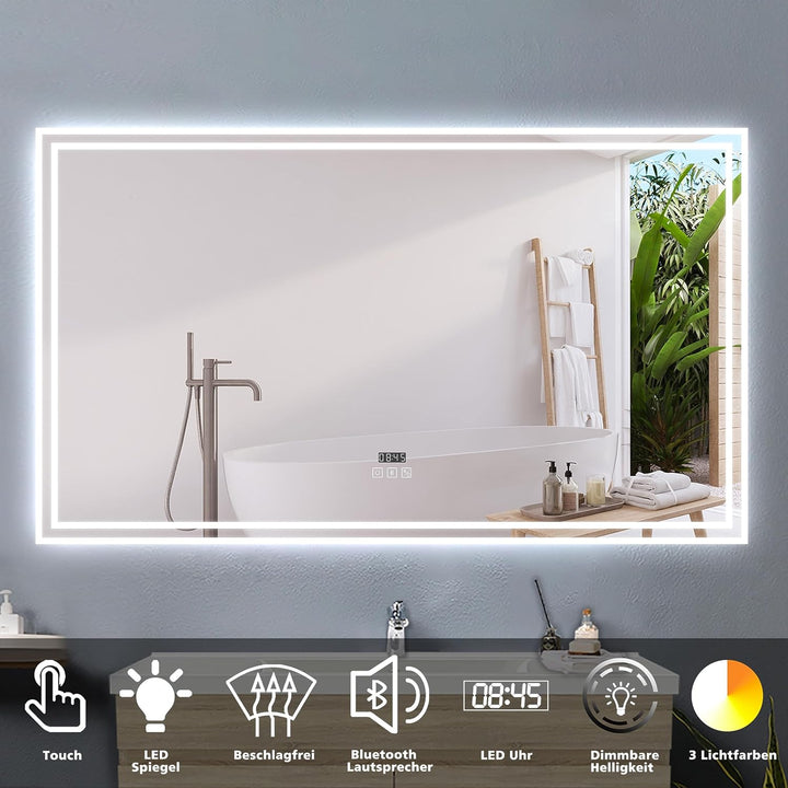 Badspiegel LED 140x80cm LED Spiegel mit Beleuchtung Bluetooth Uhr Beschlagfrei Badezimmerspiegel 3 L
