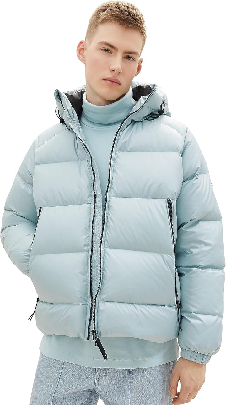 Tom Tailor Denim Herren Relaxed Fit Recycled Down Puffer-Jacke mit Kapuze L 30463-dusty Mint Blue, L