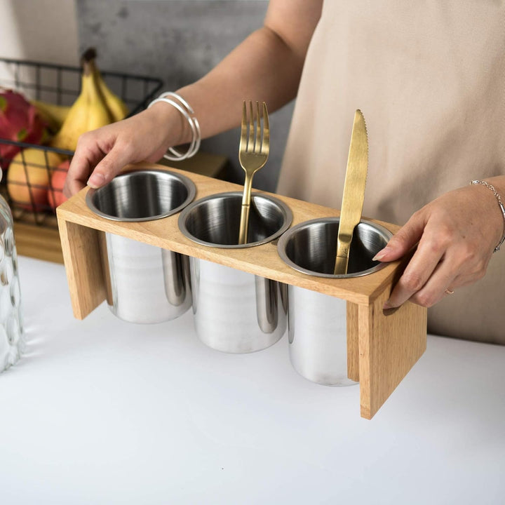 IMEEA Besteckhalter Küchen Utensilienhalter aus SUS304 Edelstahl und Baumholzbasis (3-teilig) 30,5 L