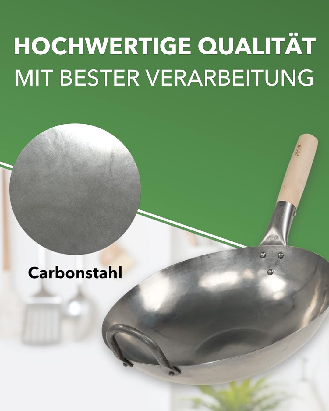 pasoli handgehämmerter Wok inkl. gratis Rezepte eBook - traditionelle Asiapfanne - Bratwok aus Carbo