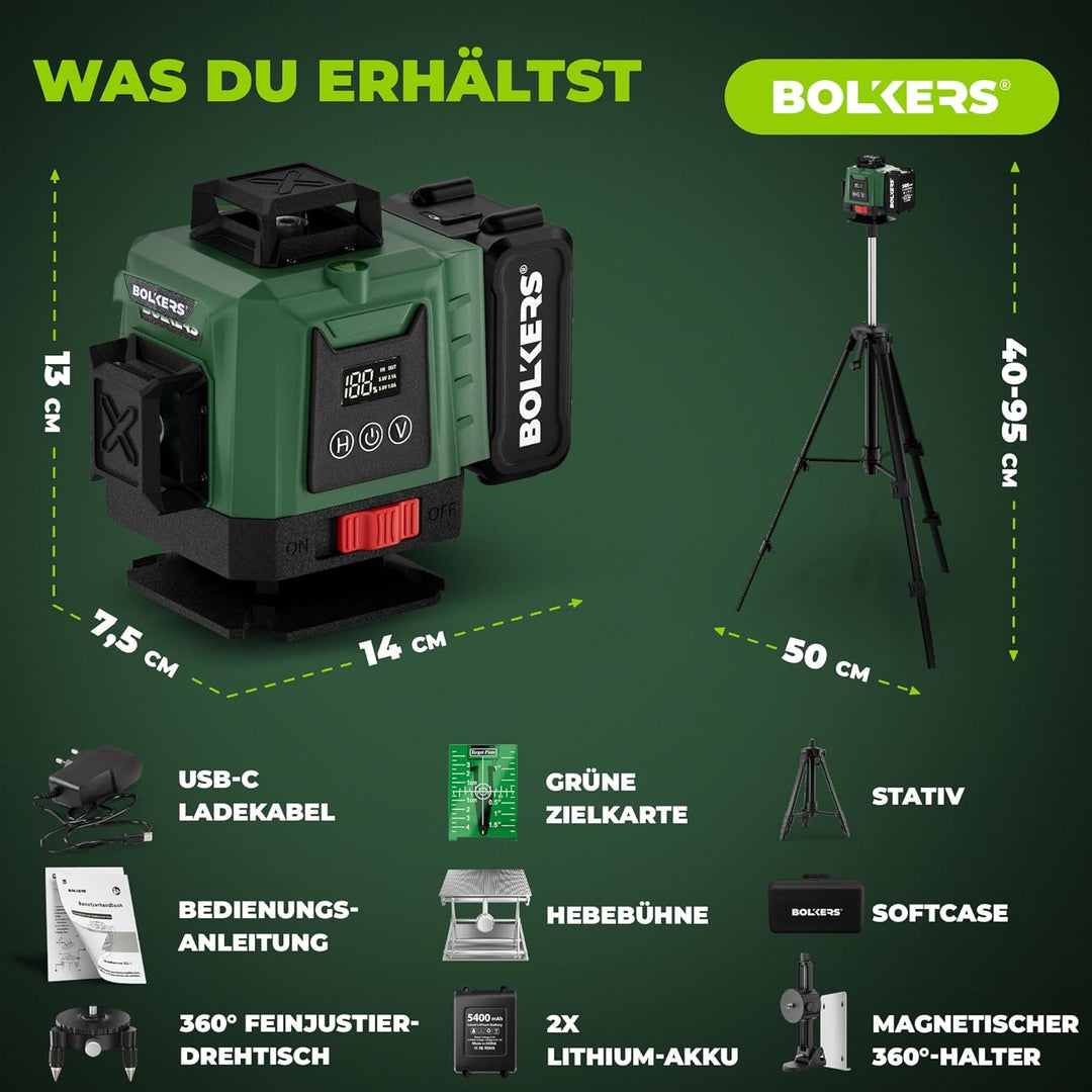 ProLaser 4x360° Kreuzlinienlaser mit Stativ – Grüner Selbstnivellierender Baulaser, 16 Linien, 2 Akk