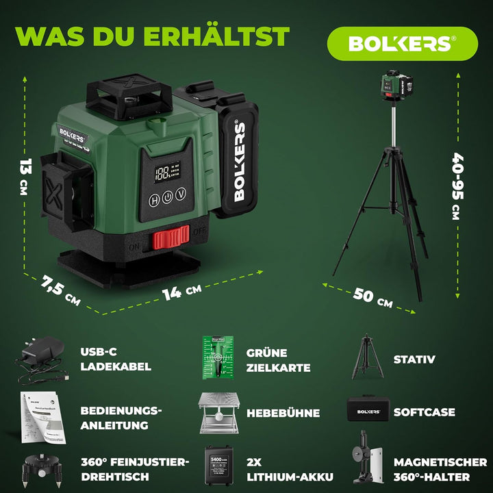 ProLaser 4x360° Kreuzlinienlaser mit Stativ – Grüner Selbstnivellierender Baulaser, 16 Linien, 2 Akk