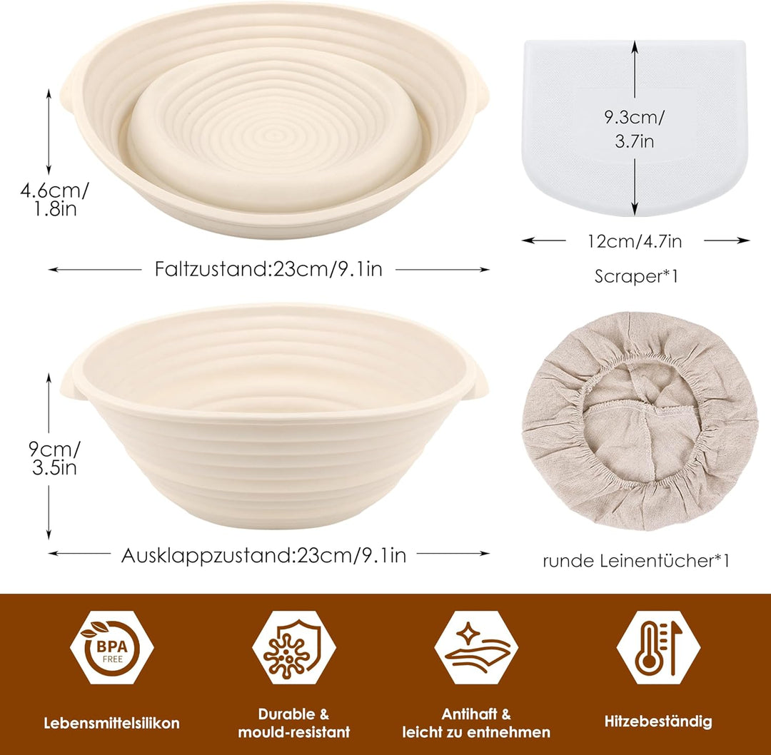 Gärkörbchen Rund, 23cm Gärkorb Set Silikon Proofing Basket Brotkörbchen Brotform mit Leinen, Schaber