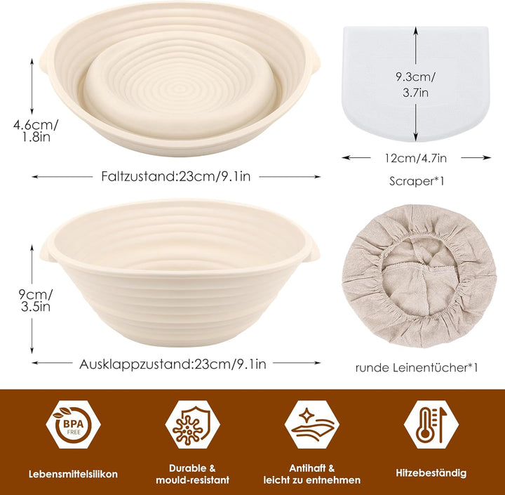 Gärkörbchen Rund, 23cm Gärkorb Set Silikon Proofing Basket Brotkörbchen Brotform mit Leinen, Schaber