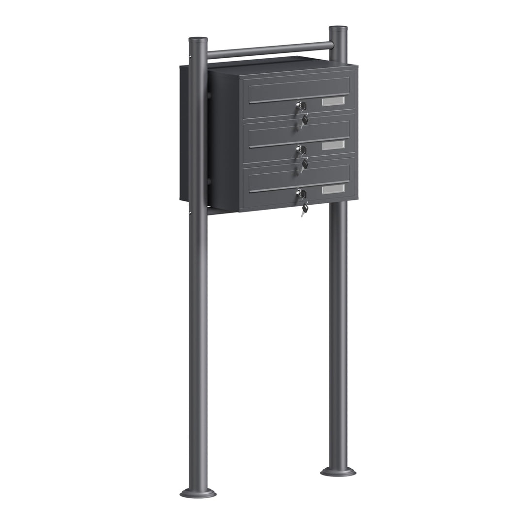 Wiltec 3er Briefkastenanlage Anthrazit 512 x 270 x 1150 mm, Standbriefkasten mit 3 Fächern, Schlüsse