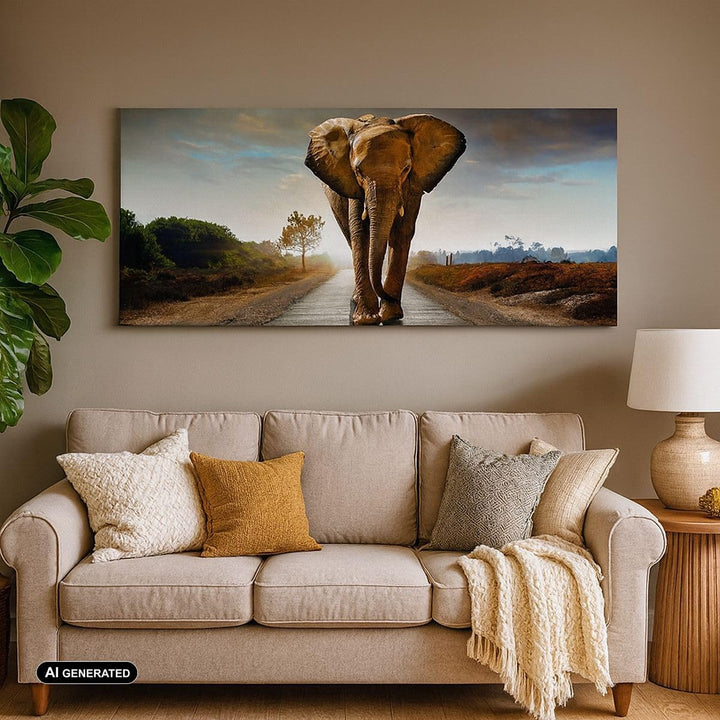 Panorama Bilder auf Leinwand Elefant Strasse Landschaft Leinwandbild 90x30cm Wandbilder Dekoration W