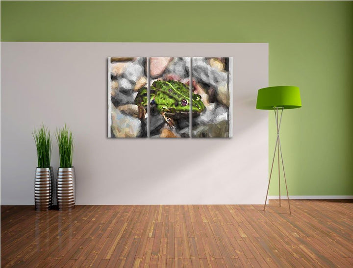 grüne Kröte in Steinbett NewArt 3-Teiler Leinwandbild 120x80 Bild auf Leinwand, XXL riesige Bilder f