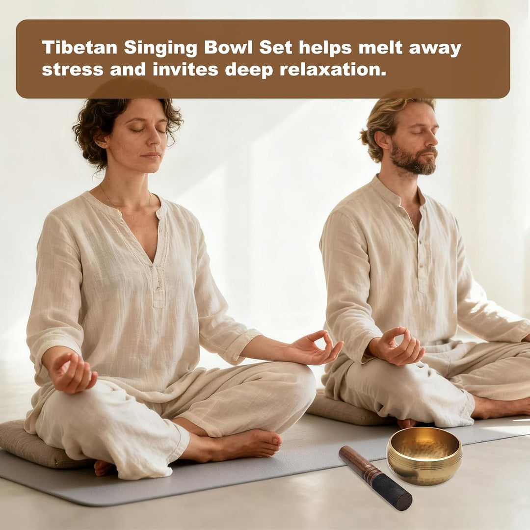 Tibetische Klangschale Set 8cm – Handgefertigte Meditationsschale aus Messing mit Holzklöppel Kissen