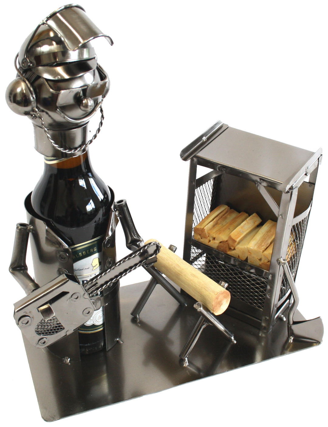 Extravaganter Bier Flaschenhalter Holzfäller aus Metall Höhe 24 cm