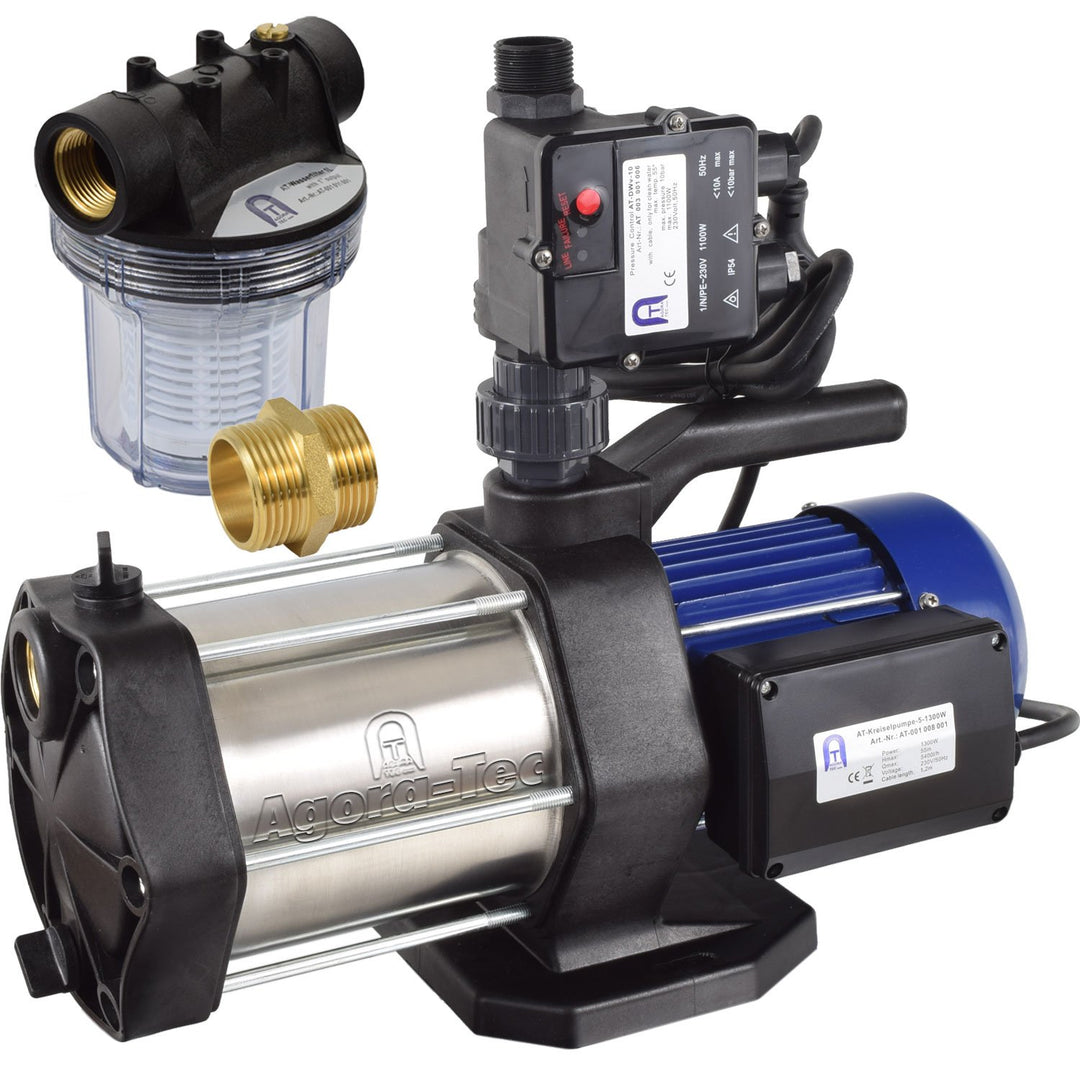 Agora-Tec® AT-Hauswasserwerk-5-1300-10DW-1L, 5 stufige Kreiselpumpe mit max: 5,6 bar und max: 5400l/