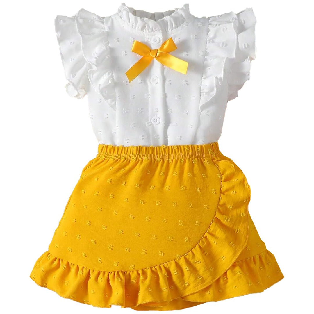 Baby Mädchen Rock Set Rüschen Ärmellose Bluse mit Schleife & Eleganter Schweizer Punkten Rock 2Pcs S