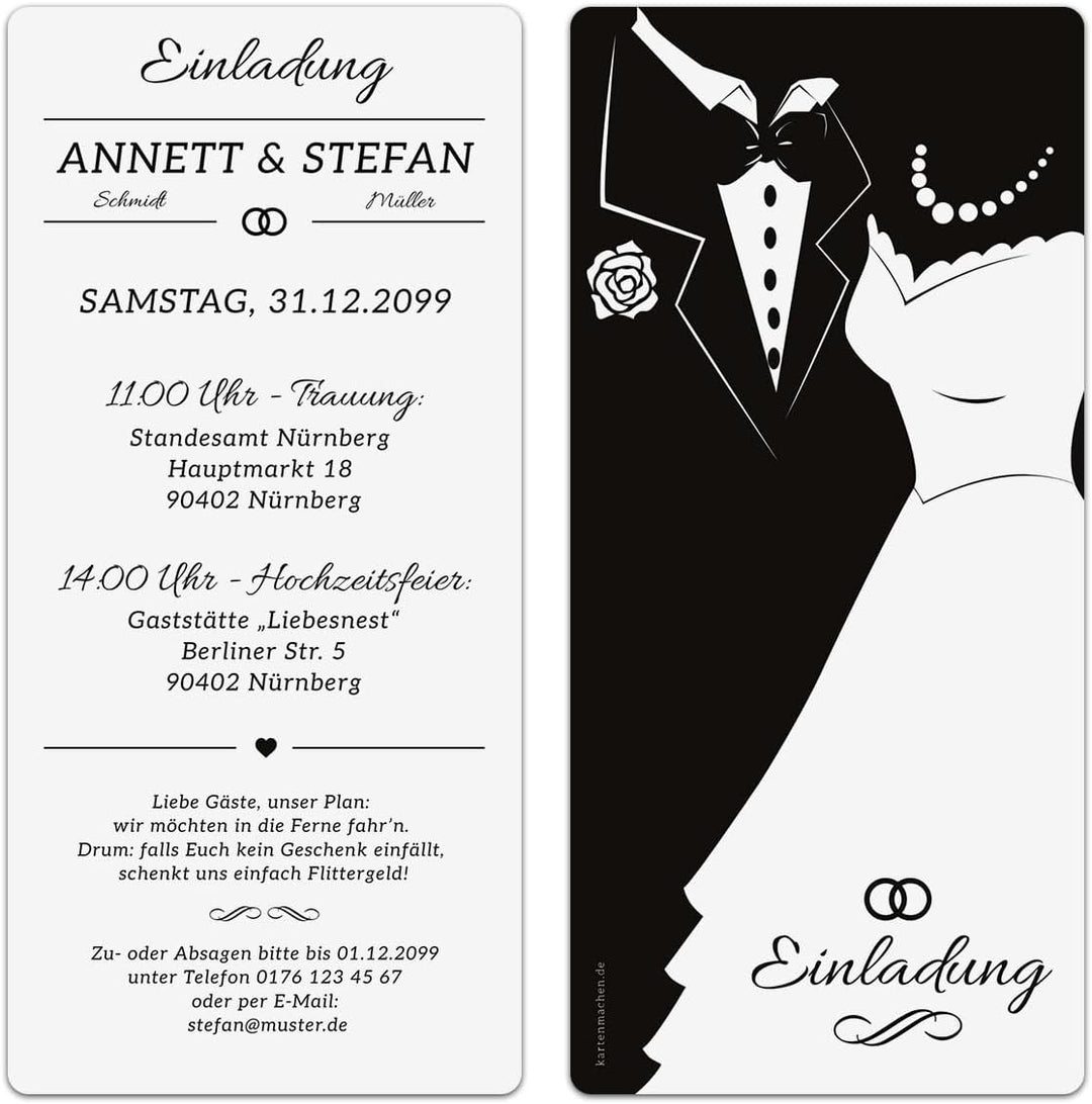 Kartenmachen.de Personalisierte Einladungskarten Hochzeit - Black & White Brautpaar - Weiss - Hochze