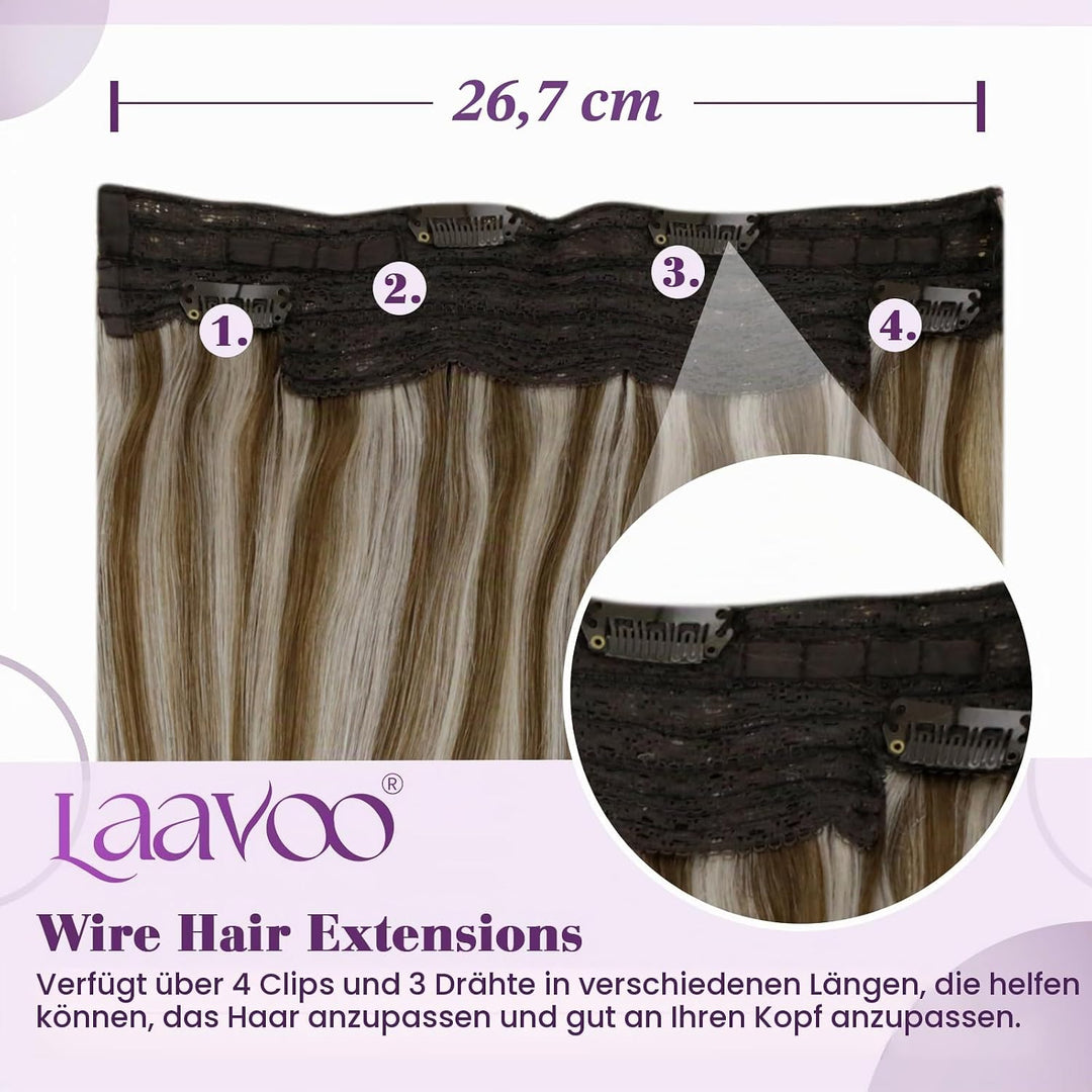 LaaVoo Remy Extensions Echthaar mit Draht Braun Blond Invisible Wire Extensions Echthaar Hellbraun H