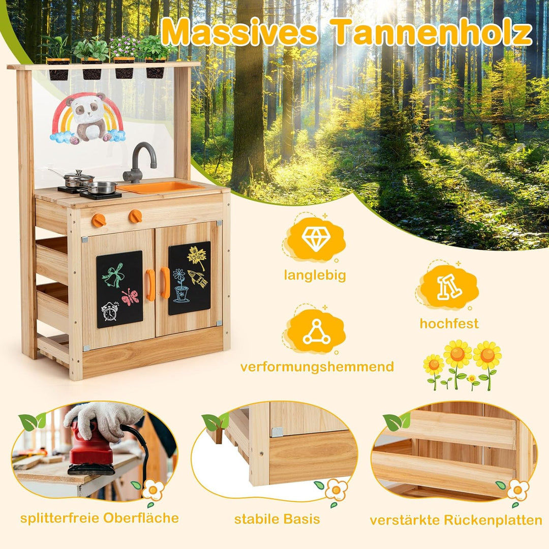 DREAMADE Matschküche Kinder Outdoor, Kinderküche mit Tafel & Acryl-Tafel & Pflanzentöpfen & Herd & S
