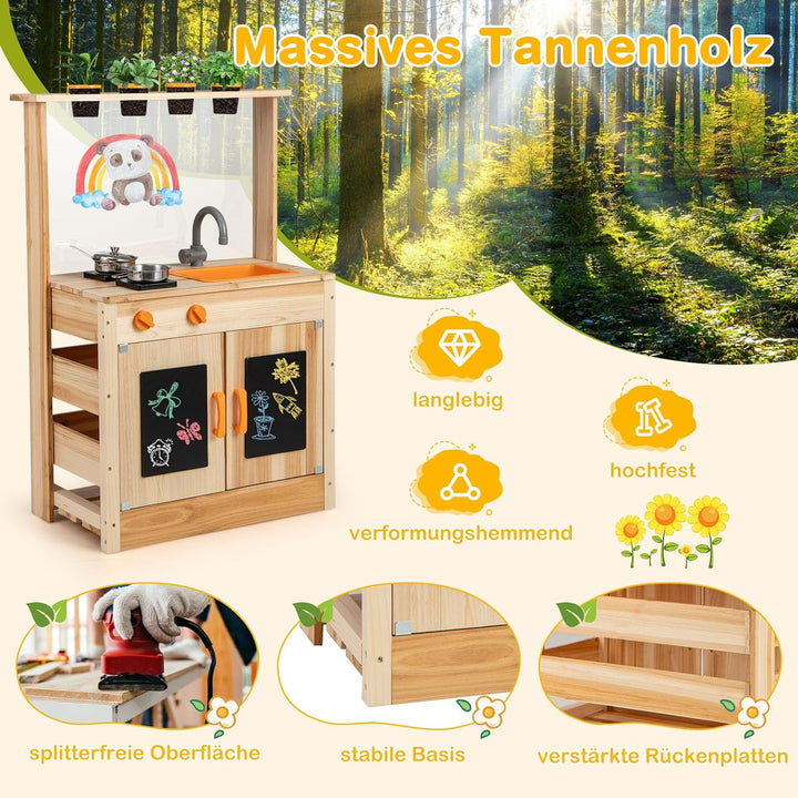 DREAMADE Matschküche Kinder Outdoor, Kinderküche mit Tafel & Acryl-Tafel & Pflanzentöpfen & Herd & S