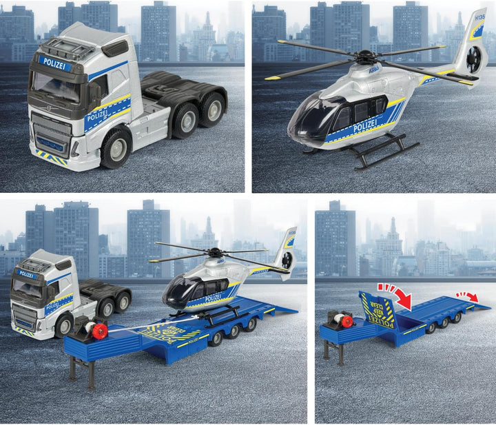 Majorette - Volvo Polizei-Transporter FH-16 (35 cm) – LKW mit Auflieger und Airbus Hubschrauber (25,