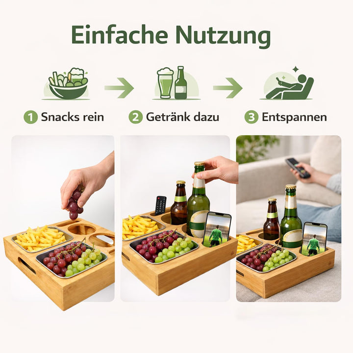 Couchbar aus Bambus Holz, Sofa Organizer auf dem Beistelltische Couchtisch, Couchbar Snackbox Ideal
