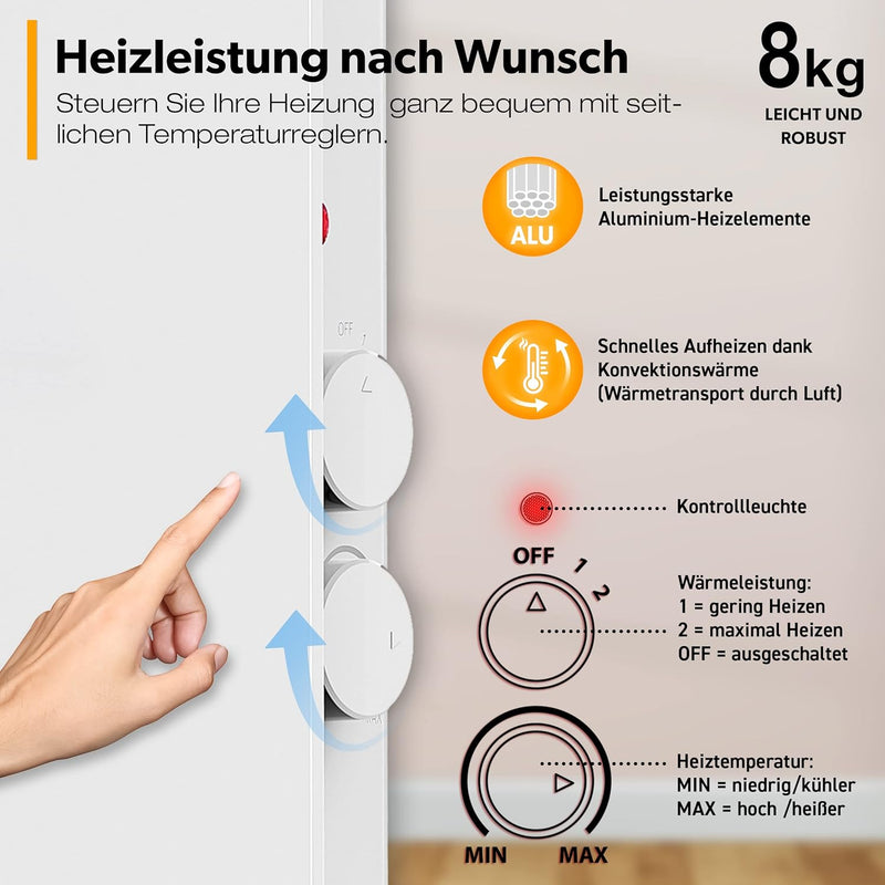 TRESKO® Glaskonvektor Elektroheizung 2000W | Glasheizung elektrisch | Konvektor Heizung Heizkörper |