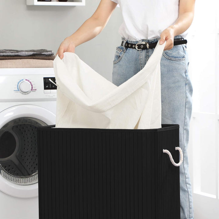 SONGMICS Wäschekorb 2 Fächer, 100 L Wäschesammler mit Deckel, Wäschebox Bambus, mit Griffen, faltbar