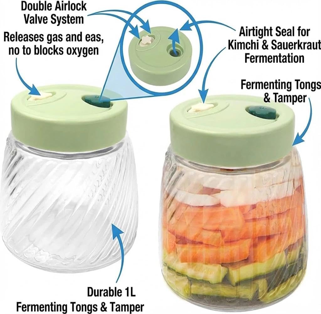 2 Pack 1L Glass Fermentation Jars with Double Airlock Valve,Kimchi behälter,fermentierglas, Airtight