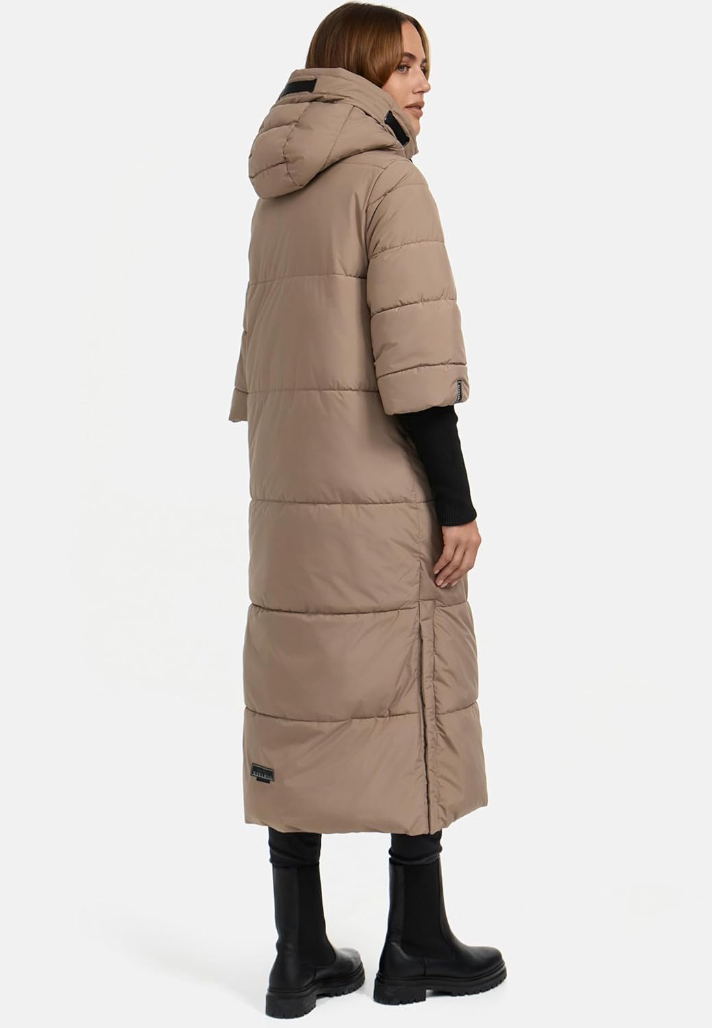 Navahoo Damen langer Wintermantel warmer Steppmantel mit Kapuze und Rippstrickärmeln Ciao Miau XIV X