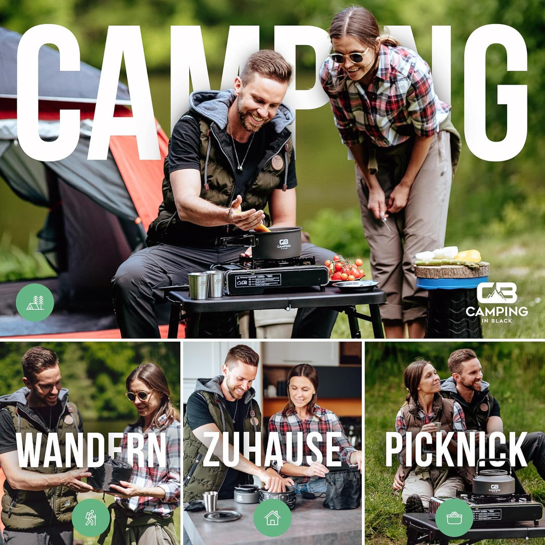 Camping in Black - Campinggeschirr Set - Kochgeschirr für 2 Personen aus Aluminium und Edelstahl
