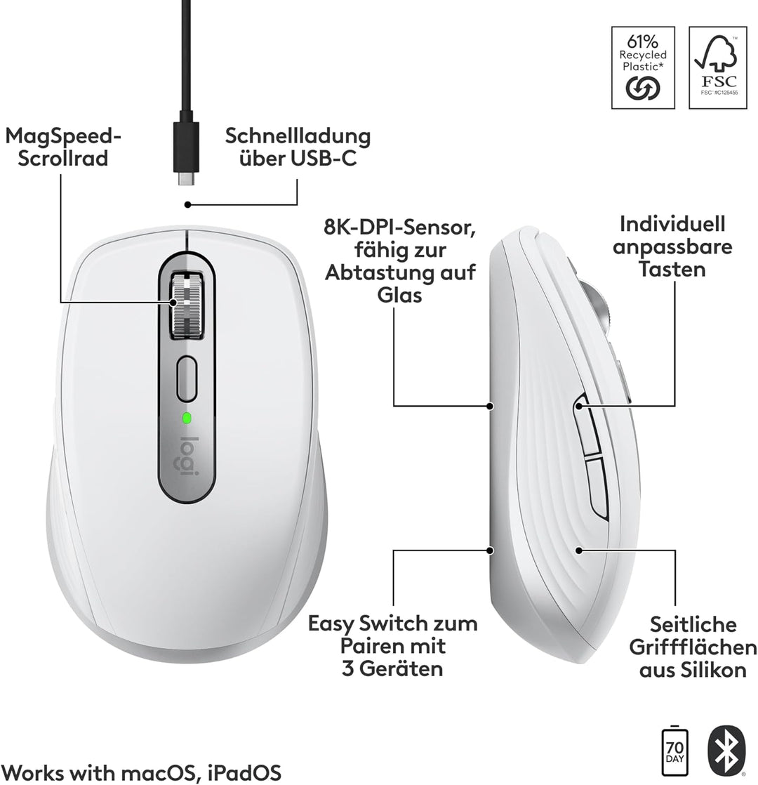 Logitech MX Anywhere 3S for Mac, kompakte kabellose Bluetooth-Maus, 8K-DPI-Abtastung auf jeder Fläch
