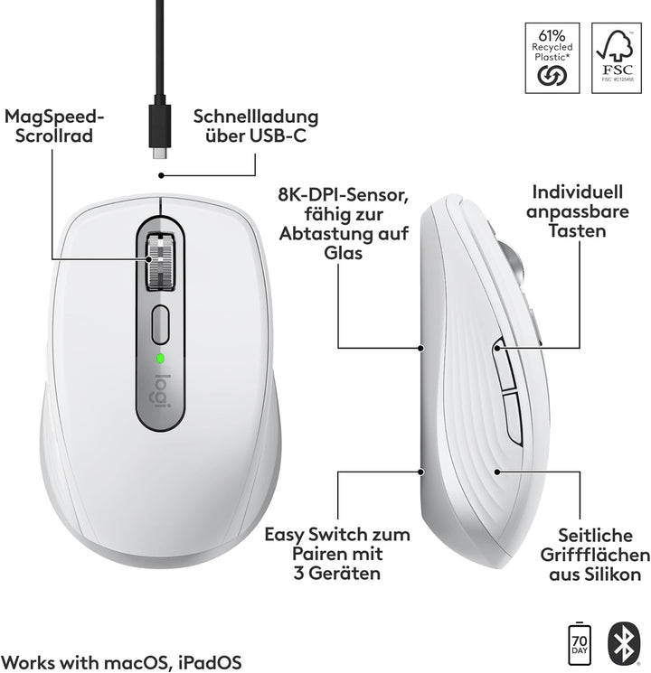 Logitech MX Anywhere 3S for Mac, kompakte kabellose Bluetooth-Maus, 8K-DPI-Abtastung auf jeder Fläch