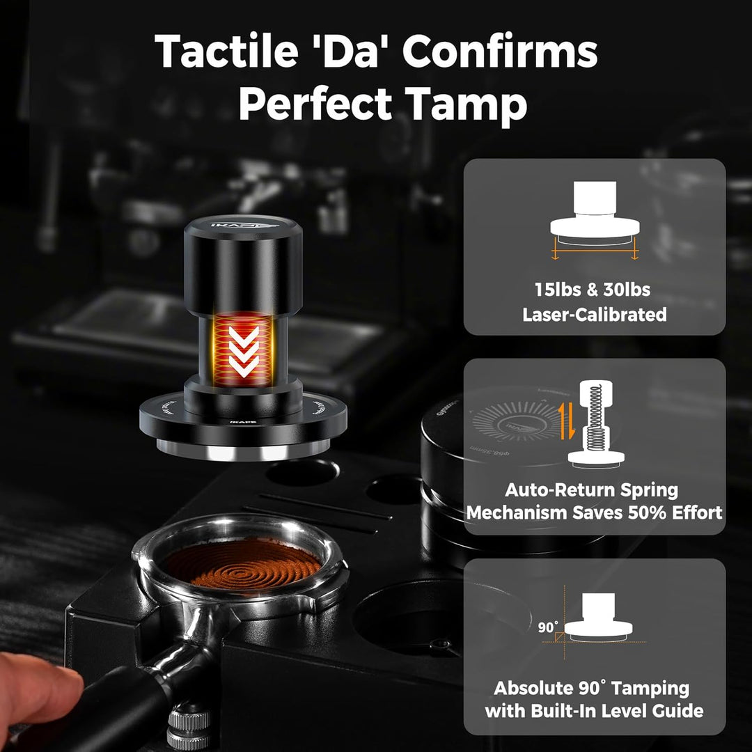 IKAPE 53,3 mm V6 Impact Espresso Tamper mit akustischer Rückmeldung, austauschbaren Federn (15 lb/30