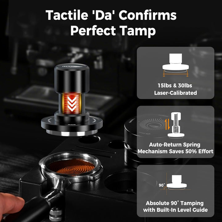IKAPE 53,3 mm V6 Impact Espresso Tamper mit akustischer Rückmeldung, austauschbaren Federn (15 lb/30