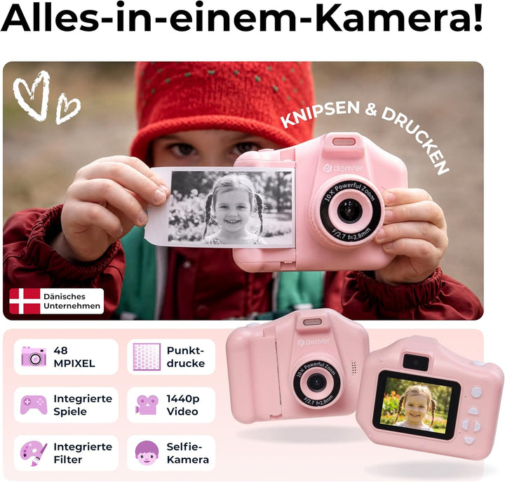 Denver KPC-1370P Sofortbildkamera Kinder mit 2,8" Display | Sofortdruck Kamera für Kinder | Kinderka