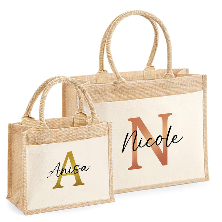 mamir home Jute/Baumwoll Tasche Initial + Name | personalisiert in Wunschfarbe | 2 Grössen | Geschen