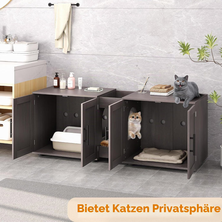 Katzenklo-Schrank für 2 Katzen – Grosses Doppelzimmer-Katzenhaus, verstecktes Katzenklo-Möbel mit Sc