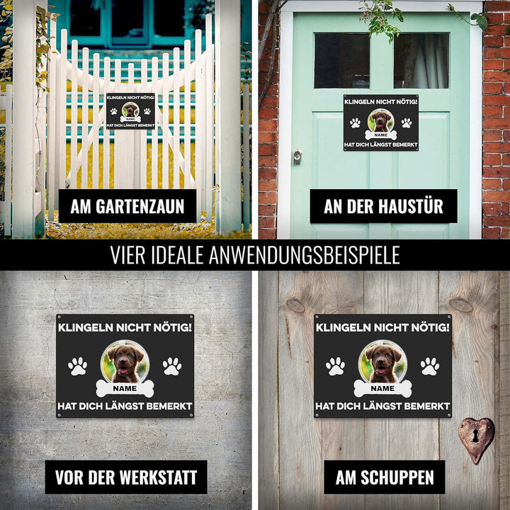 Hunde Schild personalisiert - Klingeln nicht nötig - Metallschild mit Foto und Name für aussen, wett