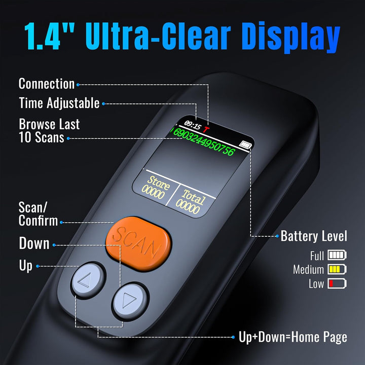 Tera Tragbar Barcode Scanner Mini: 1D 2D QR 1200mAh Akku mit Taste 1.4" Display & Ladestation Handhe