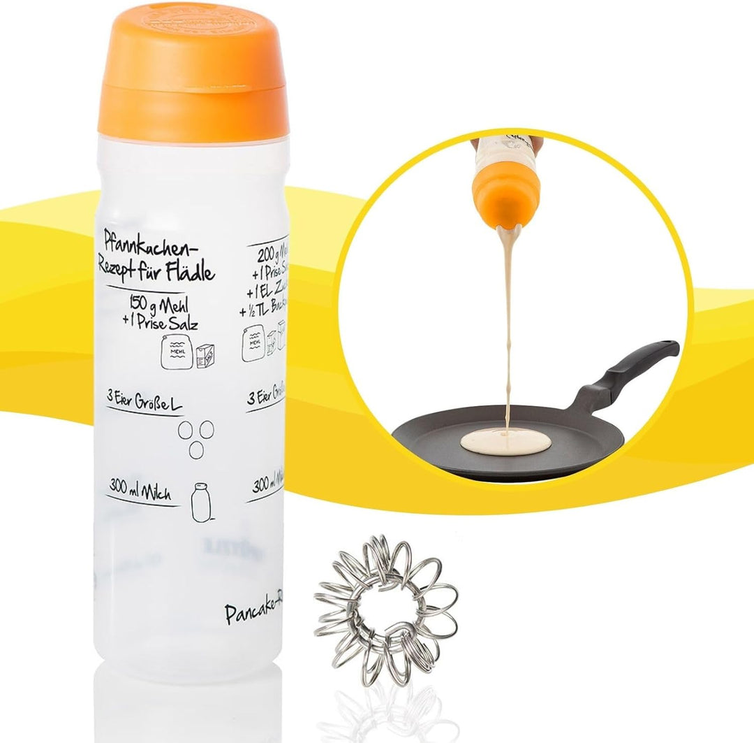 Pfannkuchen-Shaker (875ml, orange) einfach Teig machen und portionieren mit Rezeptaufdruck für Crêpe