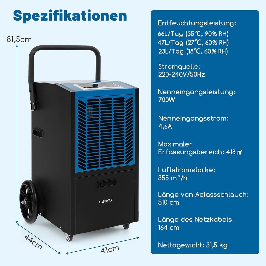 FANTASK Luftentfeuchter mit 4 Rädern, Bautrockner 66 L/Tag mit Pumpe &amp; Ablaufschlauch, Industrie Tro
