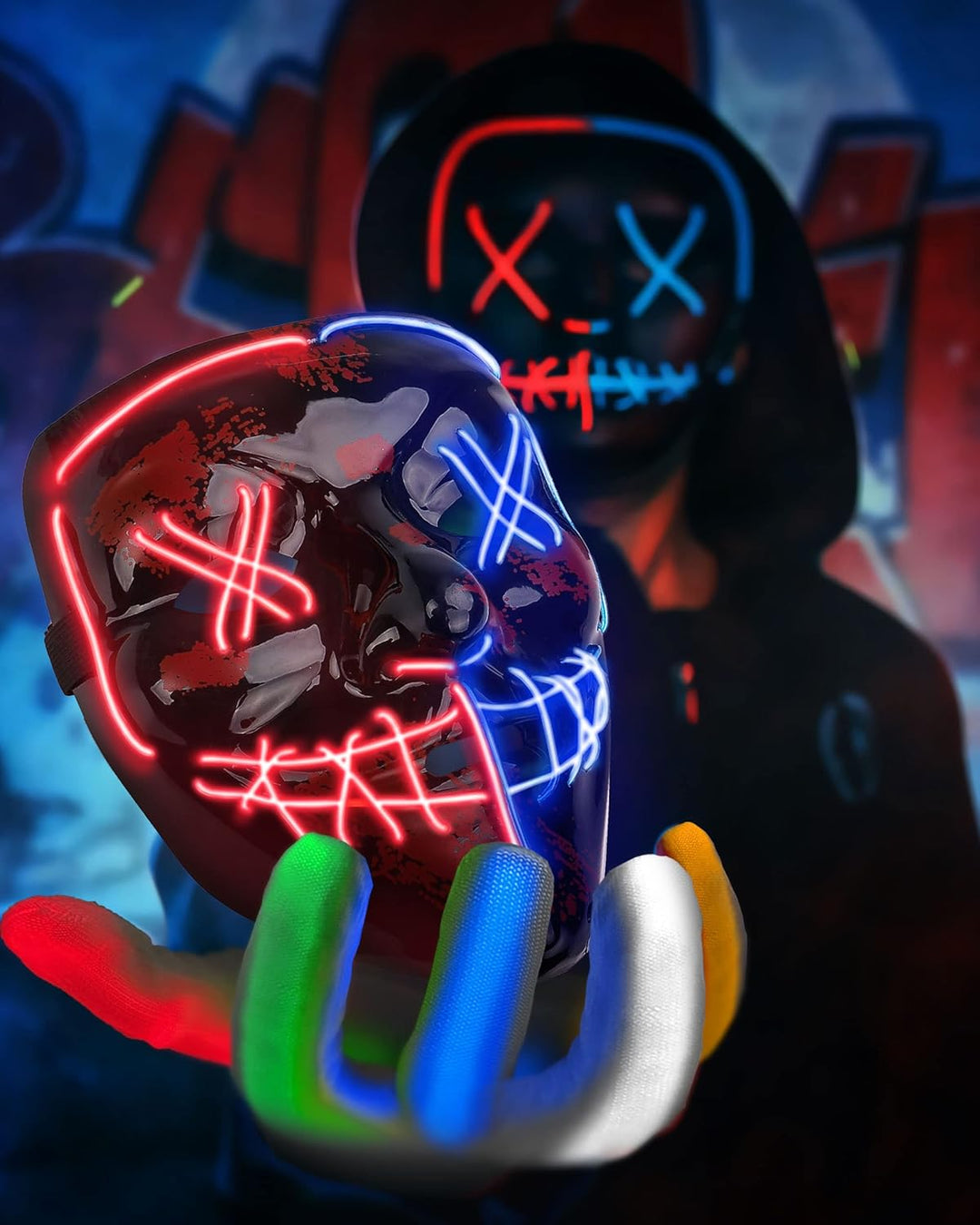 Colplay Halloween Maske LED Maske Leuchtende Handschuhe-Set, Mehrere Leuchtmodi The Maske Kostüm, Ha