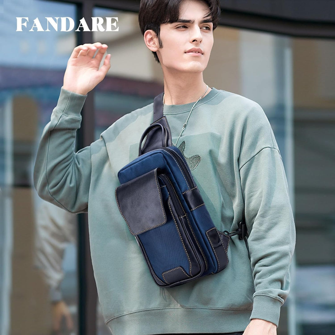 FANDARE Retro Brusttasche Herren Leder Umhängetasche Männerhandtasche Sling Bag Schultertasche Herre