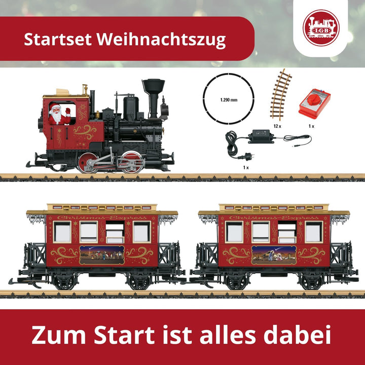 LGB – 70308 Gartenbahn Starterset Weihnachtszug mit Lokomotive und Zwei Waggons, Outdoor-Eisenbahn,