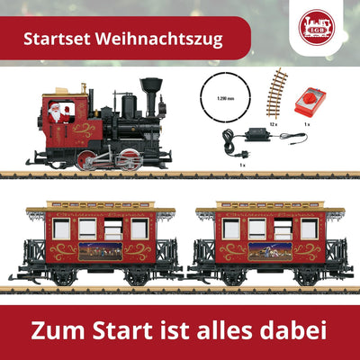 LGB – 70308 Gartenbahn Starterset Weihnachtszug mit Lokomotive und Zwei Waggons, Outdoor-Eisenbahn,