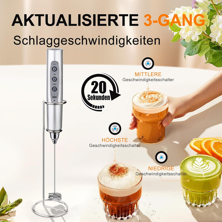 YUSWKO Milchaufschäumer Stab für Kaffee mit Ständer, Usb Wiederaufladbarer Aufschäumer, 3 Schneebese