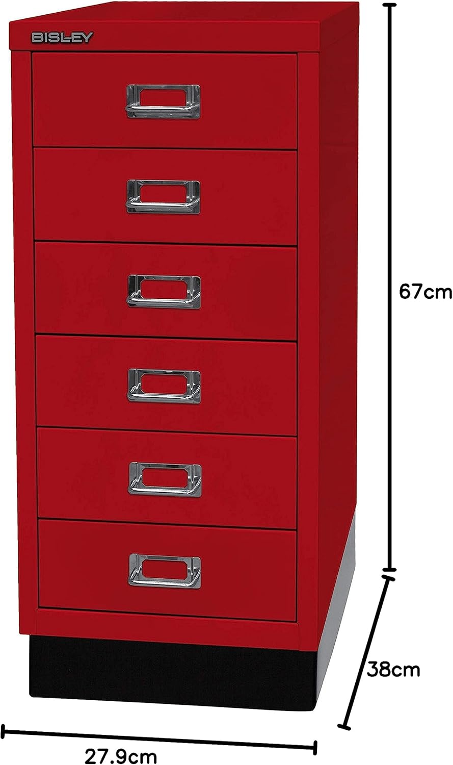 BISLEY MultiDrawer, 29er Serie mit Sockel, DIN A4, 6 Schubladen, Metall, 670 Kardinalrot, 38 x 27.9