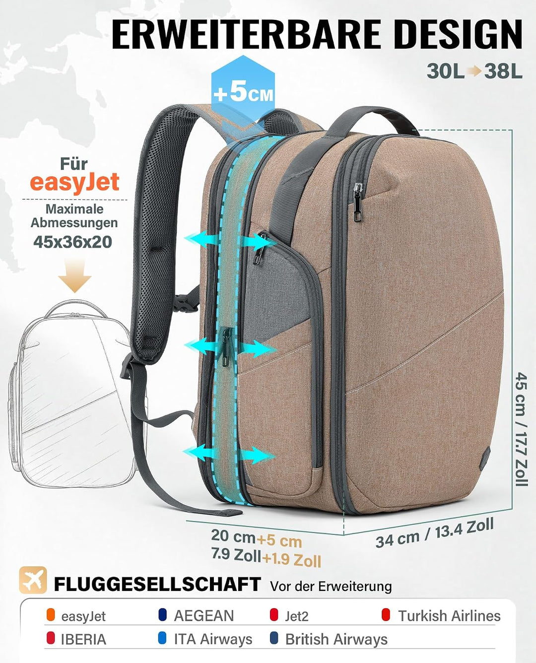VANKEV Erweiterbarer Reiserucksack Laptoptasche Handgepäck für EasyJet | 30L-38L, grosse Kapazität,