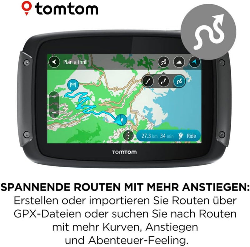 TomTom Motorrad Navi Rider 500 (4,3 Zoll, kurvige und bergige Strecken speziell für Motorräder, Stau