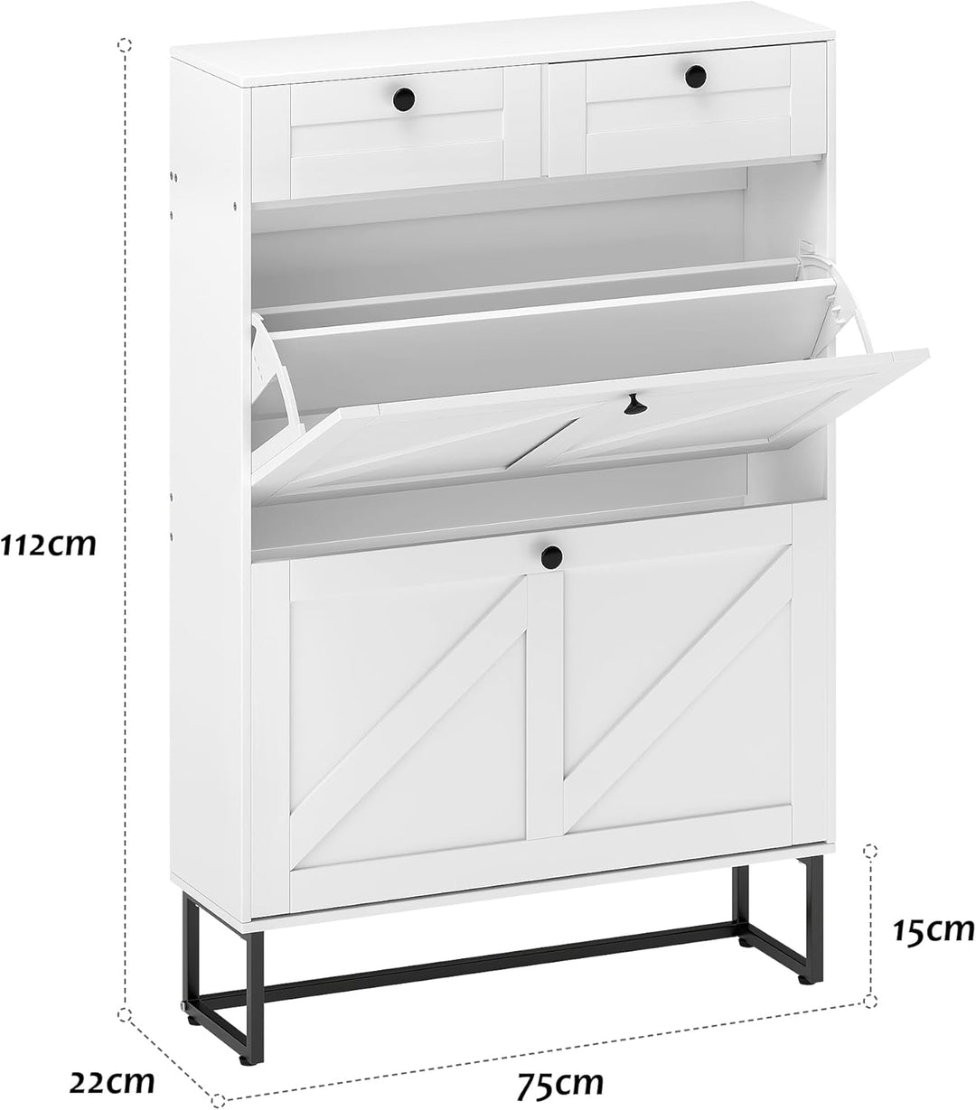 4 Ebenen Schuhschrank mit 2 Klappen und 2 Schubladen, Schmaler Schrank mit anpassbarem Fach und Umki