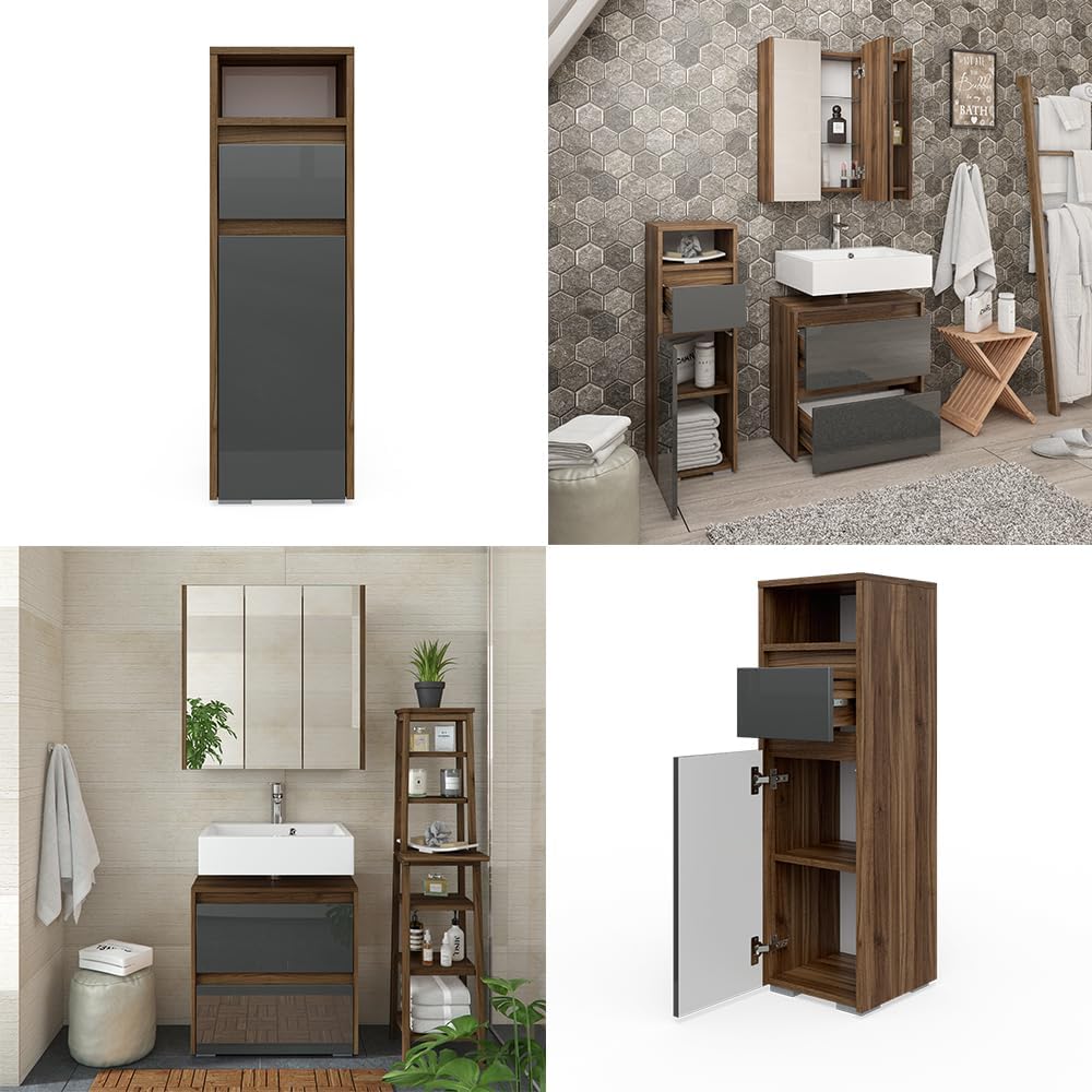 Vicco Midischrank Majest, Anthrazit Hochglanz/Nussbaum, 30 x 96 cm Anthrazit Hochglanz Midischrank,